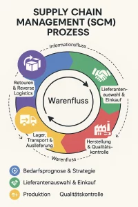 Visualisierung des Supply Chain Management (SCM) Prozesses mit den 5 Komponenten: Planung, Beschaffung, Produktion, Lieferung und Rückgabe.